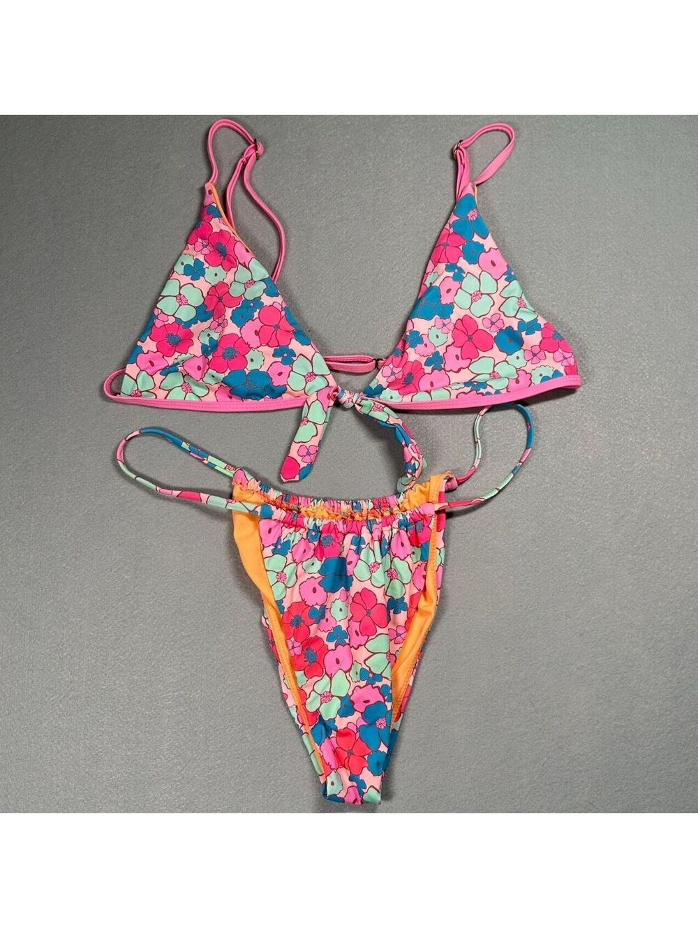 Heat Swim Womens XL Bikini Set Pink Floral Orange Tie Side Two Piece